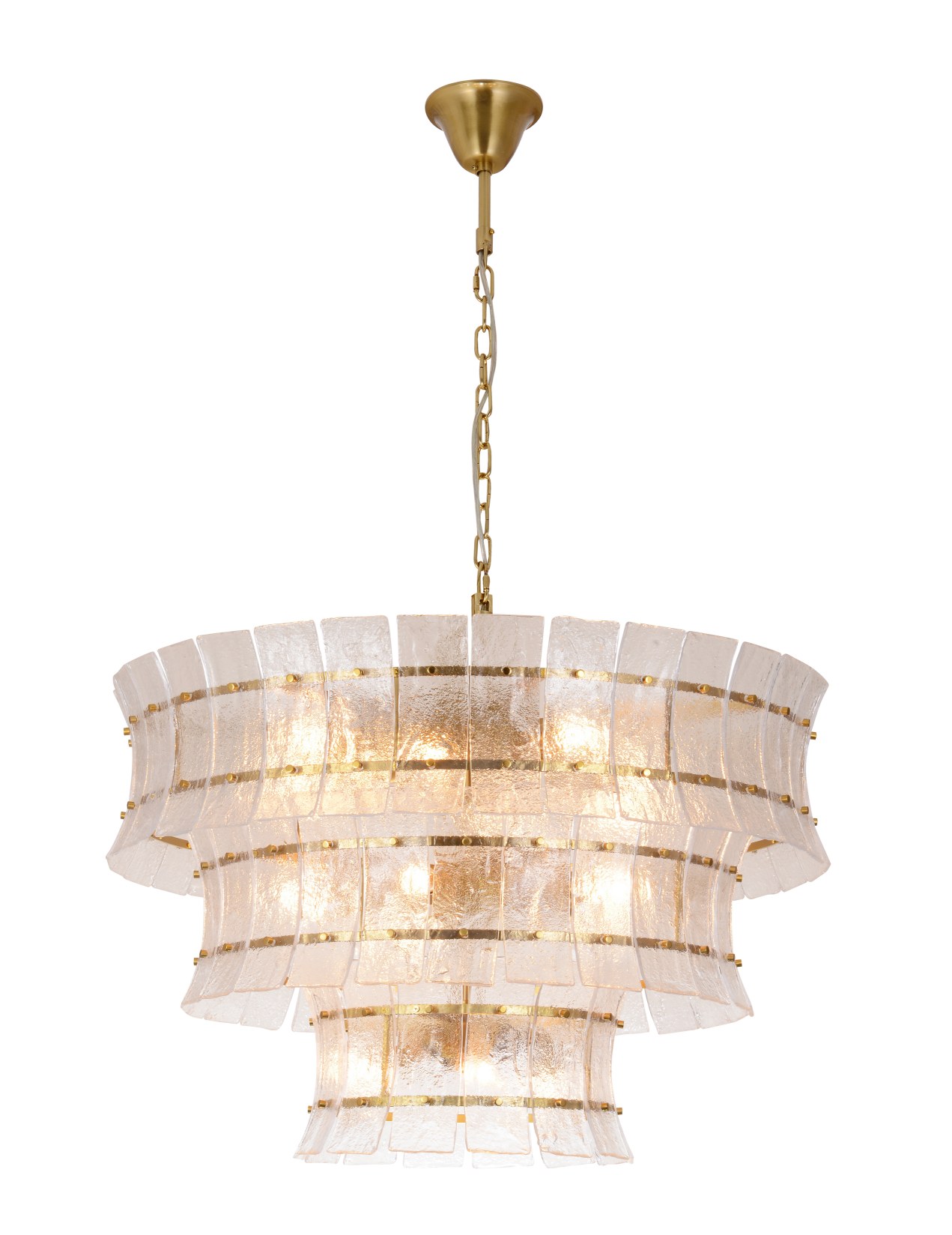 Lustre de latão de vidro texturizado martelado de três camadas