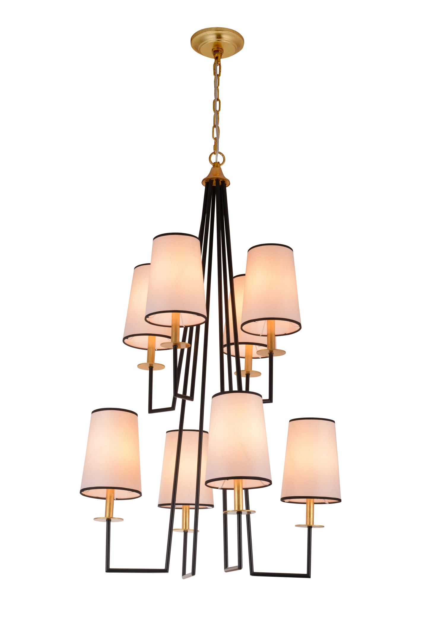 Lustre geométrico em camadas de tecido dourado preto com 8 luzes